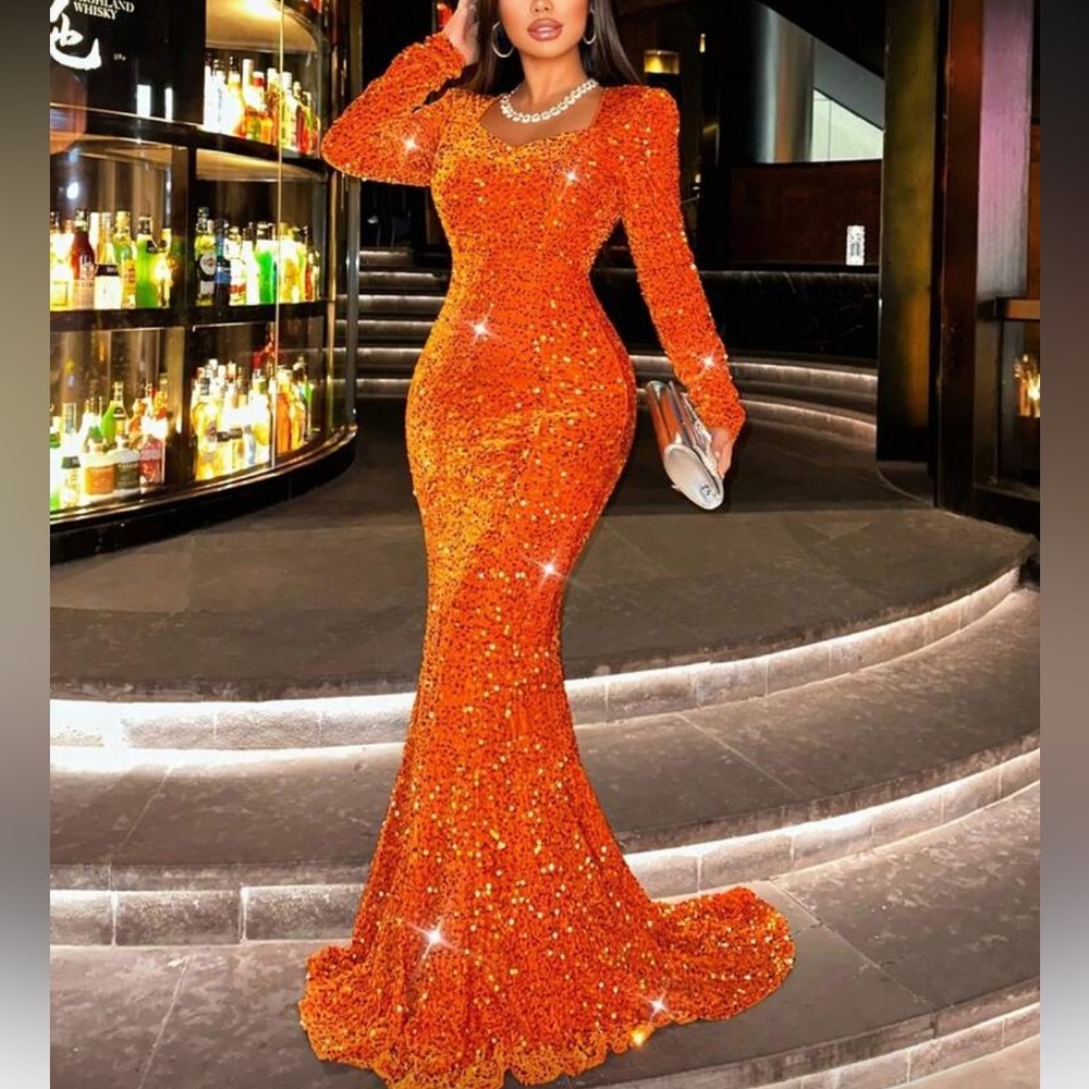 Elegant Orange Sequin Evening Gown